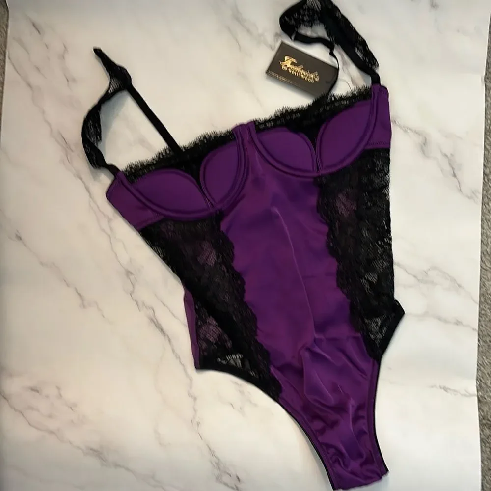 NWT Frederick's of Hollywood Ilana Purple Black Lace Mesh Bodysuit Teddy